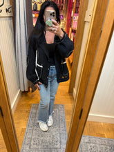 POL jacket with hoodie, balloon sleeve, relaxed fit top in lace with stitch detail pointed solid pattern - Black or Natural