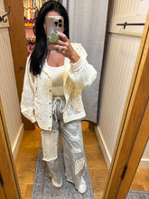 POL jacket with hoodie, balloon sleeve, relaxed fit top in lace with stitch detail pointed solid pattern - Black or Natural