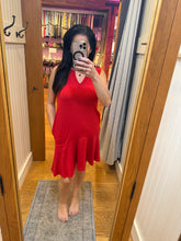 Split Neck Flounce Hem Peach Skin Dress - Black, Red or Blue