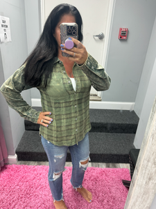 Color Blocked Washed Button Down Shirt - Dusty Lavender or Washed Green