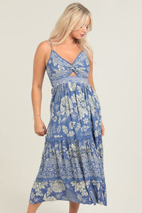 Deep V neck Maxi Dress With Center Cutout - Blue