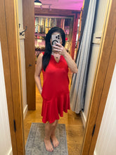 Split Neck Flounce Hem Peach Skin Dress - Black, Red or Blue