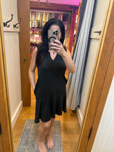 Split Neck Flounce Hem Peach Skin Dress - Black, Red or Blue