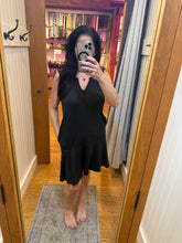 Split Neck Flounce Hem Peach Skin Dress - Black, Red or Blue