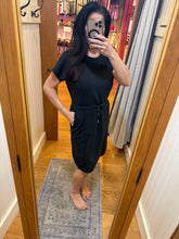 Split Neck Flounce Hem Peach Skin Dress - Black, Red or Blue