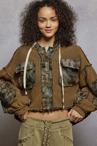 POL hooded balloon sleeve roomy fit top in thermal with plaid contrast - Charcoal