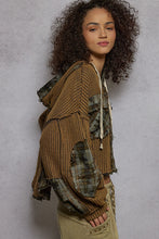 POL hooded balloon sleeve roomy fit top in thermal with plaid contrast - Charcoal
