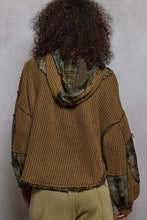 POL hooded balloon sleeve roomy fit top in thermal with plaid contrast - Charcoal