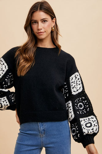 Handmade Granny Square Crochet Sweater - Black
