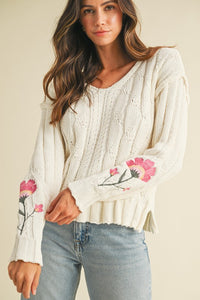 Flower Embroidered Sleeve Cable Sweater Top - Ivory