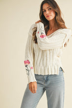 Flower Embroidered Sleeve Cable Sweater Top - Ivory