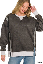 FLEECE ACID WASHED CONTRAST TRIM PULLOVER - BLACK OR SLEET