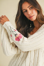 Flower Embroidered Sleeve Cable Sweater Top - Ivory