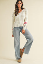 Flower Embroidered Sleeve Cable Sweater Top - Ivory