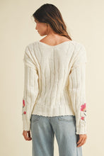Flower Embroidered Sleeve Cable Sweater Top - Ivory