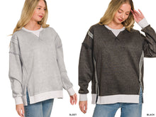 FLEECE ACID WASHED CONTRAST TRIM PULLOVER - BLACK OR SLEET
