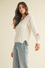 Flower Embroidered Sleeve Cable Sweater Top - Ivory