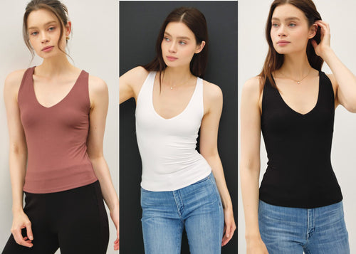 New Color-Soft Core - Basic Full Length V-neck Tank - Chocolate, Black or White