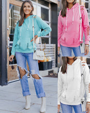 Shabby Distressed Drawstring Hoodie - Pink, White or Light Blue