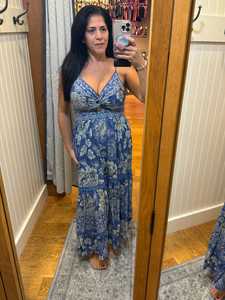 Deep V neck Maxi Dress With Center Cutout - Blue