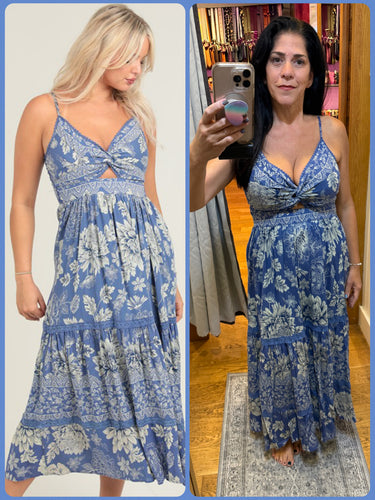 Deep V neck Maxi Dress With Center Cutout - Blue