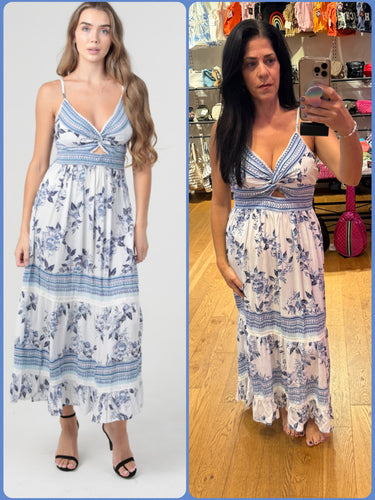 V Neck Twist Front Cut Out Lace Trim Maxi Dress- White Blue