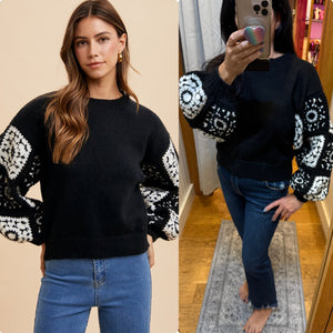 Handmade Granny Square Crochet Sweater - Black