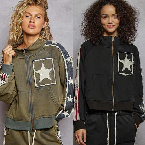 POL jacket in French terry star patch detailing - Vintage Moss or Black