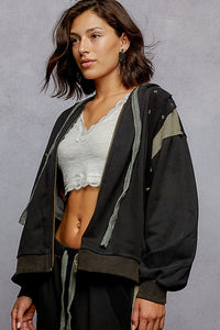 POL zip up hoodie, relaxed fit top in French terry with stud detail pointed solid pattern - Black