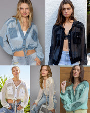 POL Open knit button down pocket hooded shirt top - Assorted Colors