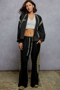 POL wide fit in French terry with stud detail pointed solid pattern pants - Black