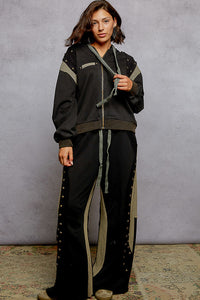 POL wide fit in French terry with stud detail pointed solid pattern pants - Black