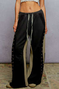 POL wide fit in French terry with stud detail pointed solid pattern pants - Black