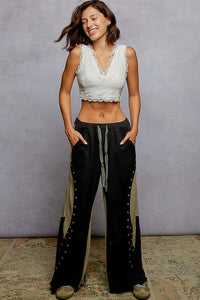 POL wide fit in French terry with stud detail pointed solid pattern pants - Black