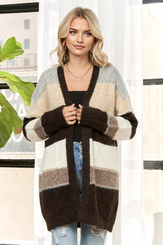 LONG-SLEEVE WITH RIBBED CUFFS OPEN FRONT WITHOUT  BUTTONS PATCH POCKETS ON THE FRONT CARDIGAN - COFFEE