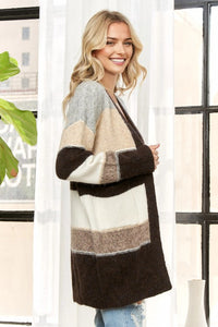 LONG-SLEEVE WITH RIBBED CUFFS OPEN FRONT WITHOUT  BUTTONS PATCH POCKETS ON THE FRONT CARDIGAN - COFFEE