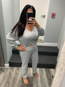 Brushed Ribbed Hacci Oversized Deep V Sweat Shirt With Tie Sides - Heather Grey, Aloe or Windward Blue