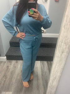 Brushed Ribbed Hacci Oversized Deep V Sweat Shirt With Tie Sides - Heather Grey, Aloe or Windward Blue