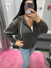 ACID WASH FLEECE CROPPED ZIP-UP HOODIE W POCKETS - ASSORTED COLORS