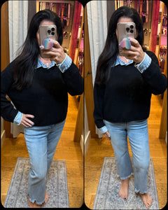 Vintage Havana Black W/ Denim Collar/ Cuff Cropped Sweater