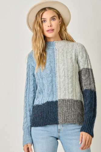 Color Blocked Cable Sweater - Soft Blue Mix