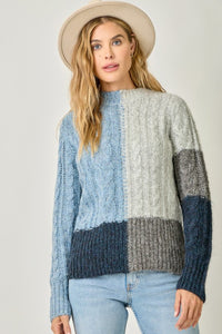 Color Blocked Cable Sweater - Soft Blue Mix