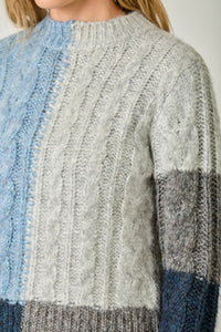 Color Blocked Cable Sweater - Soft Blue Mix