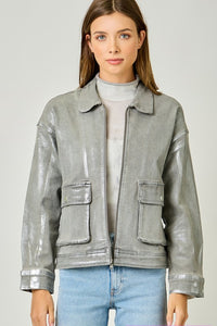 Metallic Washed Denim Jacket - Denim Blue/Pearl or Grey/Pearl