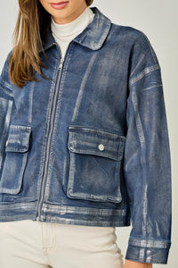 Metallic Washed Denim Jacket - Denim Blue/Pearl or Grey/Pearl