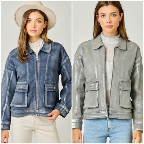 Metallic Washed Denim Jacket - Denim Blue/Pearl or Grey/Pearl