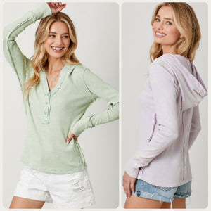 Washed Thermal Hoodie Top - Washed Pistachio or Lavender Pink