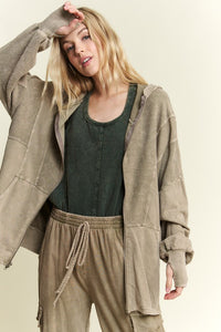 Mineral wash Thumbhole Hoodie Zipper Up Jacket - Ashed Black, Vintage Sage or Navy