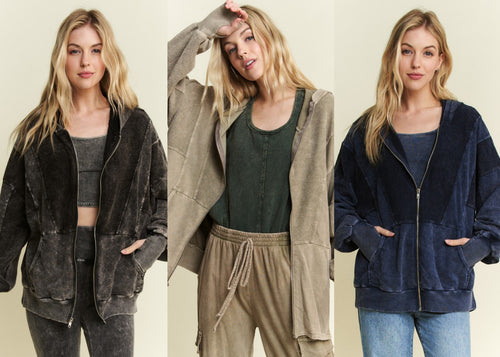 Mineral wash Thumbhole Hoodie Zipper Up Jacket - Ashed Black, Vintage Sage or Navy