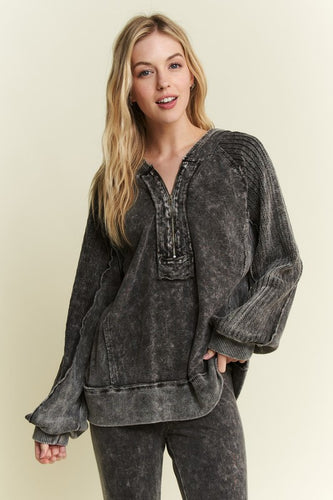 Half Zipper Up Hoodie Knitted Sleeve Fall Top - Washed Black or Snow